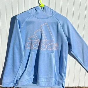 ADIDAS Beautiful HOODIE with kangaroo pocket light blue with orange/peachy logo